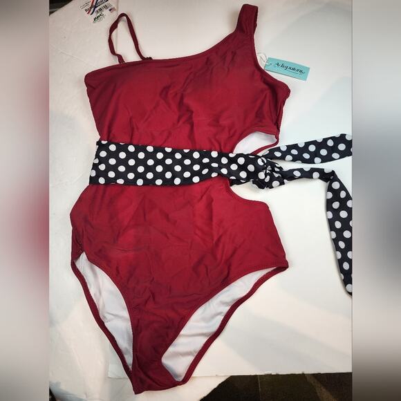 New Red Black Polka Dot One Piece Swimsuit 856 Cutouts Side Sash Size L - Picture 3 of 9